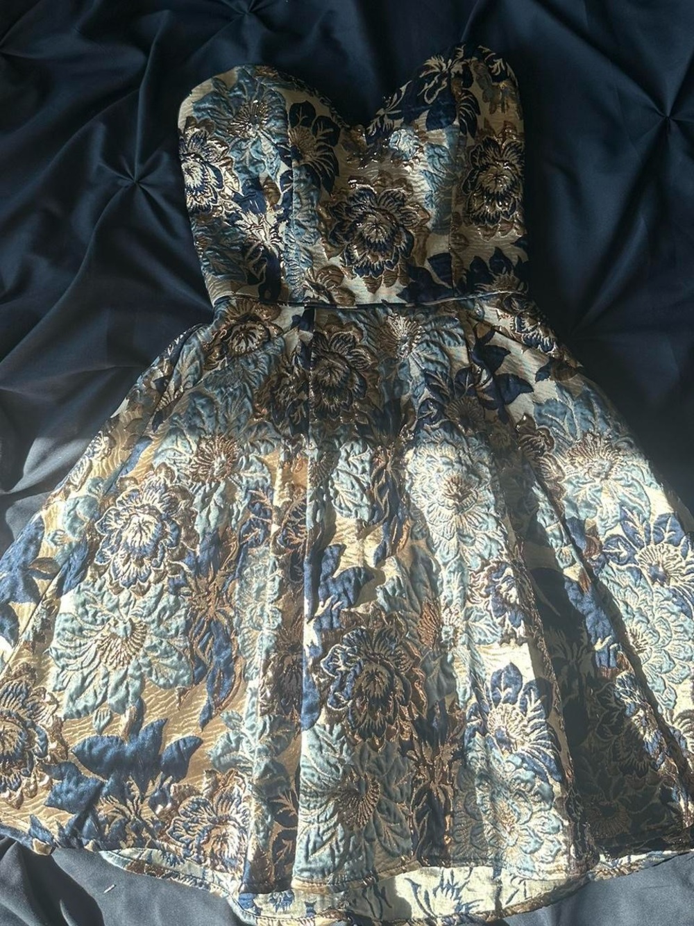 Strapless Floral Homecoming Dress in Blue and Gold